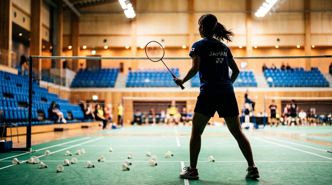 バドミントン名言 体育館でラケットを構える選手の後ろ姿