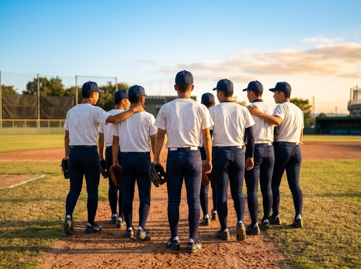 野球名言 チームメイトと肩を組む選手たちの後ろ姿