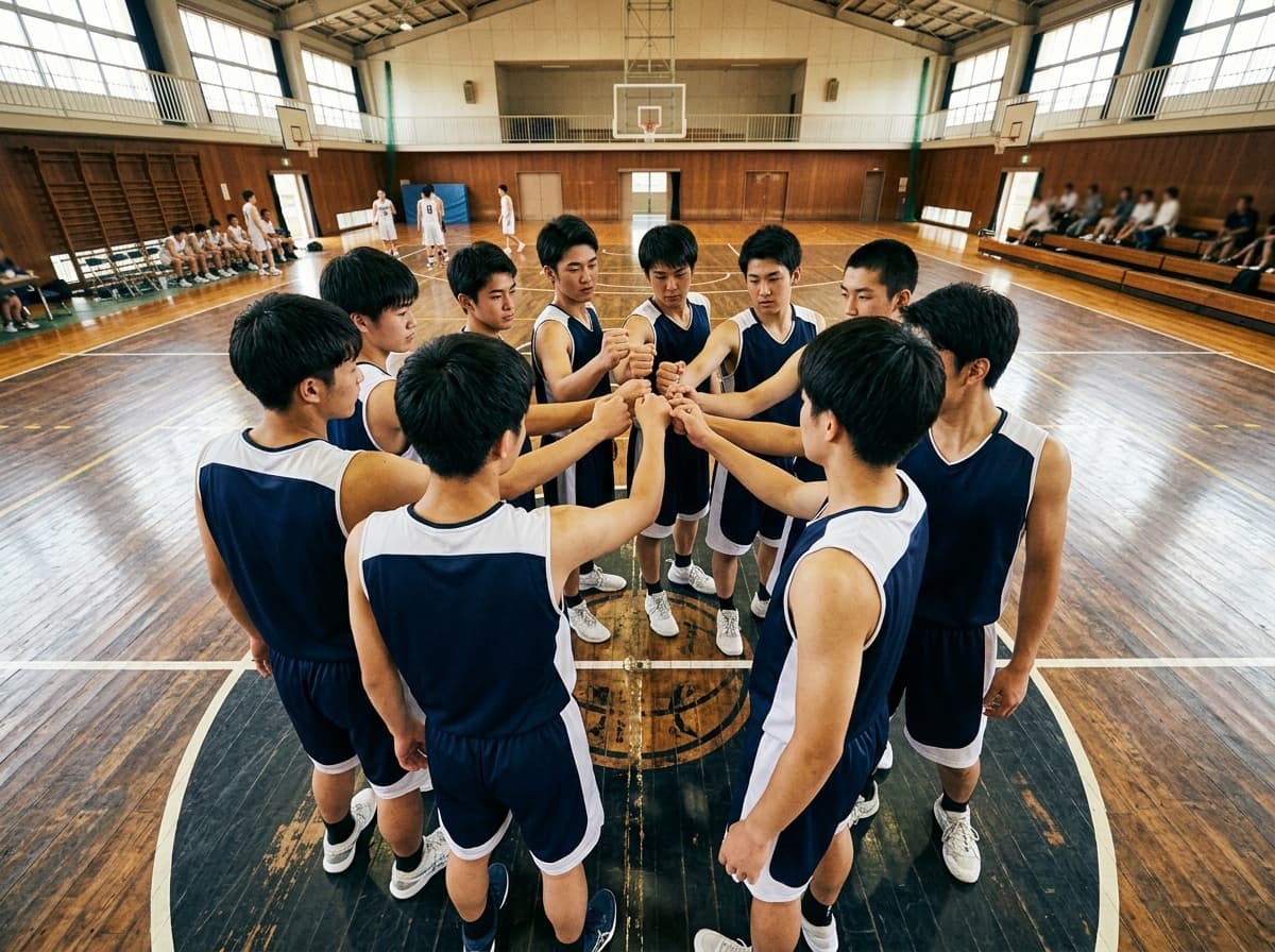 バスケットボール名言 コートで円陣を組む選手たちの後ろ姿