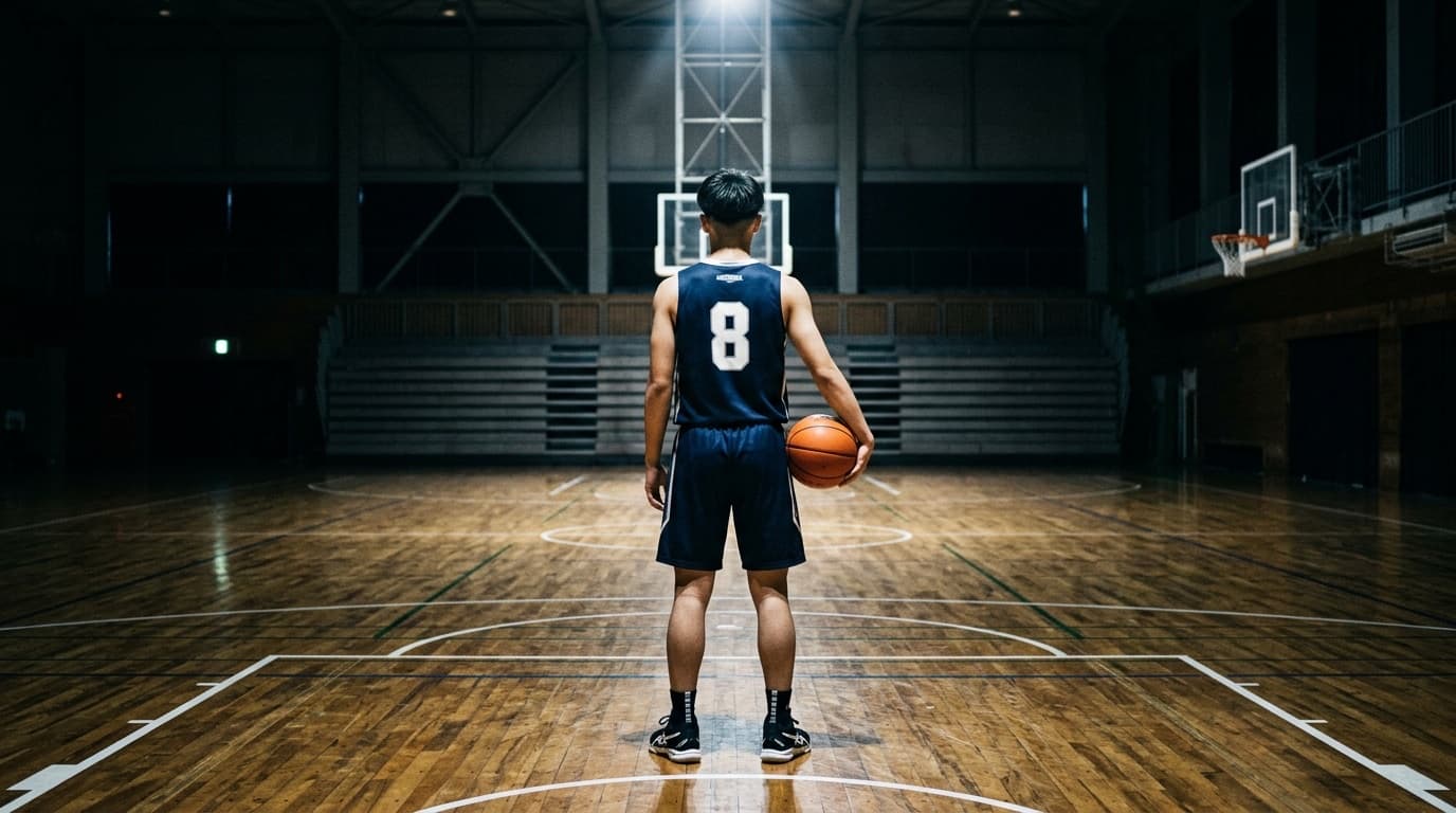 バスケットボール名言 体育館でシュートを構える選手の後ろ姿