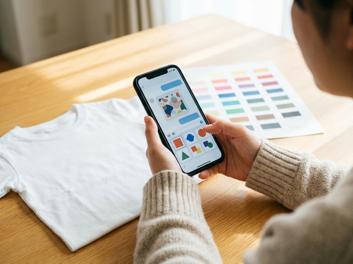 スマートフォンでTシャツデザインを確認しながら相談する様子