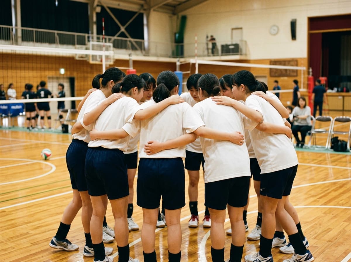 バレーボール名言 コートで円陣を組む選手たちの後ろ姿